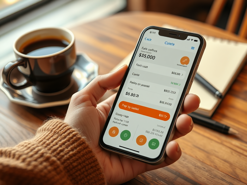 На изображении рука держит смартфон с финансовым приложением, рядом чашка кофе и блокнот.